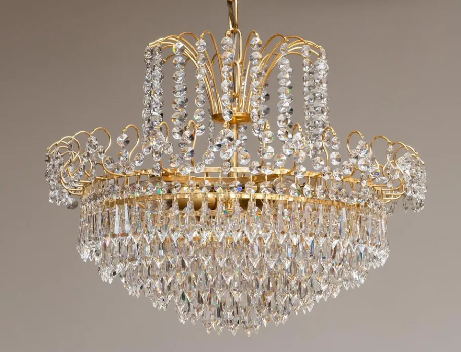 Discount Pamono Gold-Plated and Faceted Crystal Chandelier from Rejmyre, Sweden, 1970s