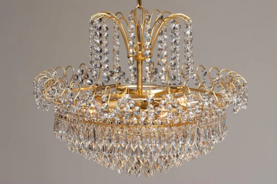 Discount Pamono Gold-Plated and Faceted Crystal Chandelier from Rejmyre, Sweden, 1970s