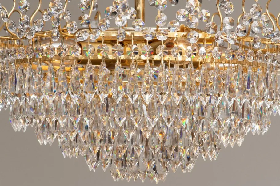 Discount Pamono Gold-Plated and Faceted Crystal Chandelier from Rejmyre, Sweden, 1970s