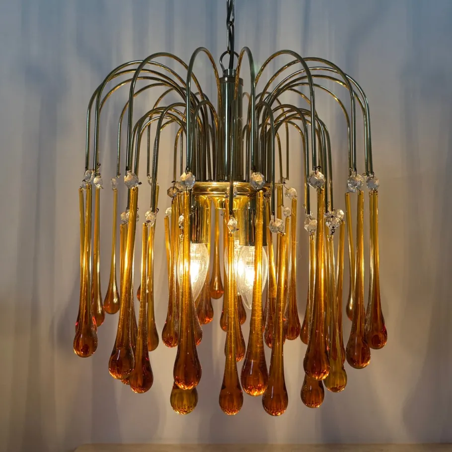 Hot Pamono Gold-Plated Metal & Murano Glass Drop Chandelier by Paolo Venini for Mand Eurolux, 1970s