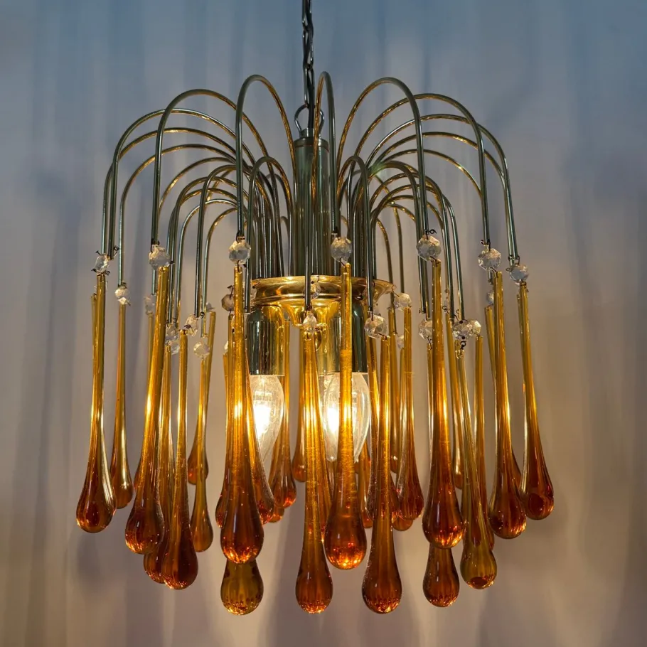 Hot Pamono Gold-Plated Metal & Murano Glass Drop Chandelier by Paolo Venini for Mand Eurolux, 1970s