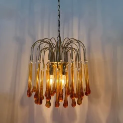 Hot Pamono Gold-Plated Metal & Murano Glass Drop Chandelier by Paolo Venini for Mand Eurolux, 1970s