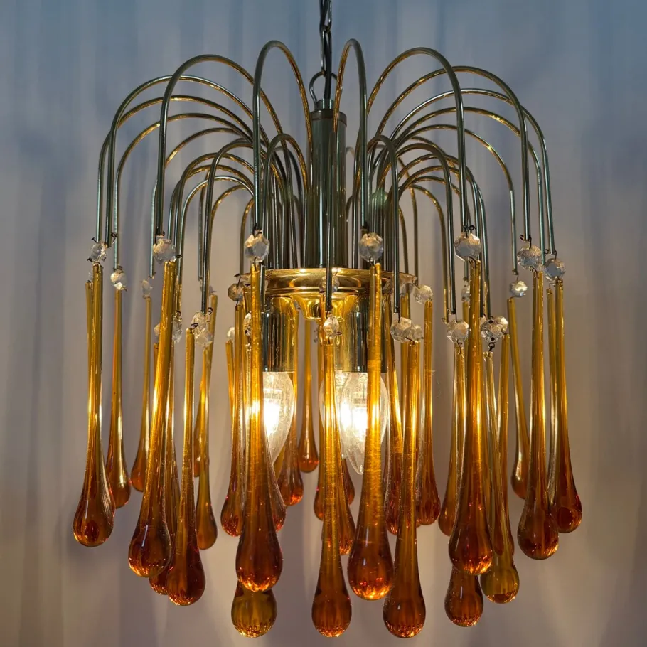 Hot Pamono Gold-Plated Metal & Murano Glass Drop Chandelier by Paolo Venini for Mand Eurolux, 1970s