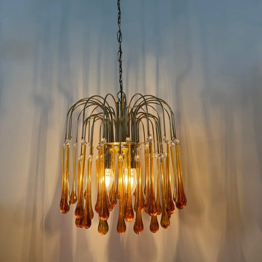 Hot Pamono Gold-Plated Metal & Murano Glass Drop Chandelier by Paolo Venini for Mand Eurolux, 1970s