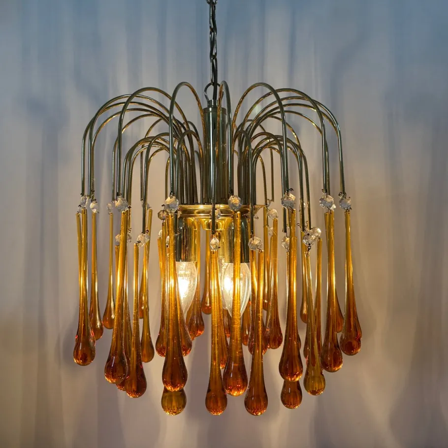 Hot Pamono Gold-Plated Metal & Murano Glass Drop Chandelier by Paolo Venini for Mand Eurolux, 1970s