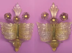 Discount Pamono Grand Hotel Wall Lamp in Murano Glass with Gold Dust and Purple Colored Flowers by Barovier & Toso, Venice, Italy, 1950s, Set of 2