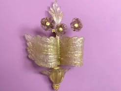Discount Pamono Grand Hotel Wall Lamp in Murano Glass with Gold Dust and Purple Colored Flowers by Barovier & Toso, Venice, Italy, 1950s, Set of 2