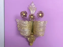 Discount Pamono Grand Hotel Wall Lamp in Murano Glass with Gold Dust and Purple Colored Flowers by Barovier & Toso, Venice, Italy, 1950s, Set of 2