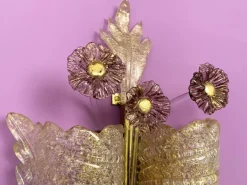 Discount Pamono Grand Hotel Wall Lamp in Murano Glass with Gold Dust and Purple Colored Flowers by Barovier & Toso, Venice, Italy, 1950s, Set of 2