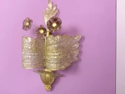 Discount Pamono Grand Hotel Wall Lamp in Murano Glass with Gold Dust and Purple Colored Flowers by Barovier & Toso, Venice, Italy, 1950s, Set of 2