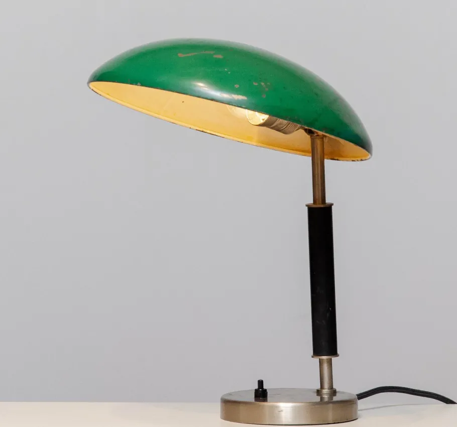 Pamono Green and Metal Table Lamp attributed to Harald Notini for Arvid Böhlmarks, 1930s