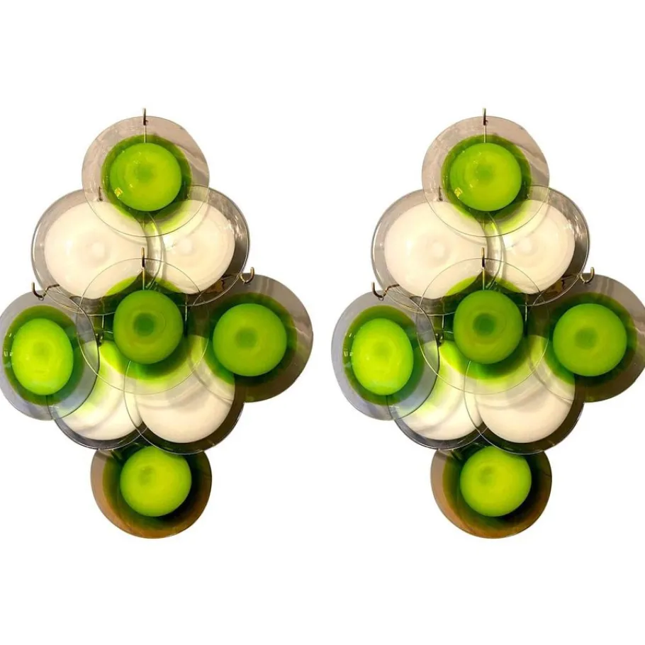 Hot Pamono Green and White Disc Murano Glass Sconces or Wall Lights, Set of 2