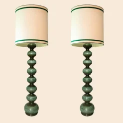 New Pamono Green Ceramic Floor Lamp from Kaiser with Silk Lampshade by R. Houben, 1960s