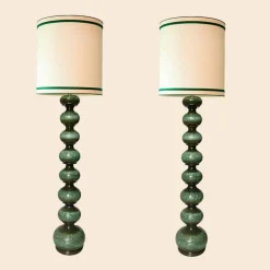 New Pamono Green Ceramic Floor Lamp from Kaiser with Silk Lampshade by R. Houben, 1960s