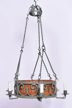 New Pamono Green Wrought Iron and Wicker Hanging Lamp, 1940s