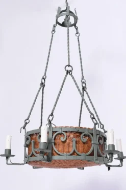 New Pamono Green Wrought Iron and Wicker Hanging Lamp, 1940s