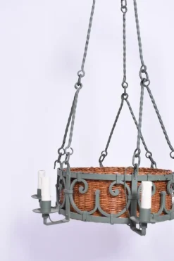 New Pamono Green Wrought Iron and Wicker Hanging Lamp, 1940s