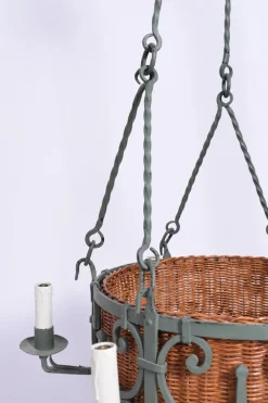 New Pamono Green Wrought Iron and Wicker Hanging Lamp, 1940s