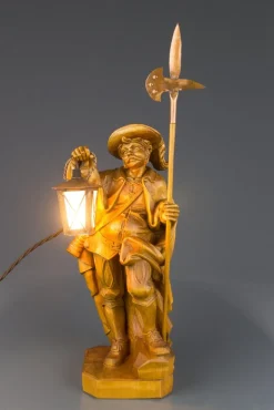 Clearance Pamono Hand Carved Wooden Sculpture Lamp Depicting Night Watchman with Lantern, Germany