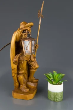 Clearance Pamono Hand Carved Wooden Sculpture Lamp Depicting Night Watchman with Lantern, Germany