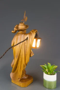 Clearance Pamono Hand Carved Wooden Sculpture Lamp Depicting Night Watchman with Lantern, Germany