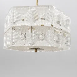 Hot Pamono Hanging Lamp in Glass Crystal & Brass by Carl Fagerlund for Orrefors, Sweden, 1960s