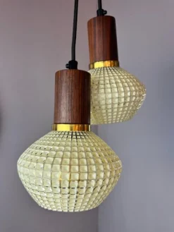 Discount Pamono Hanging Lamp in Structured Glass & Teak, Denmark