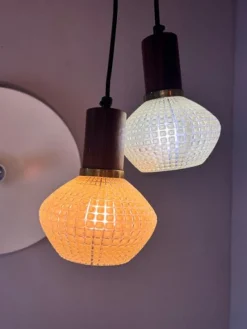 Discount Pamono Hanging Lamp in Structured Glass & Teak, Denmark