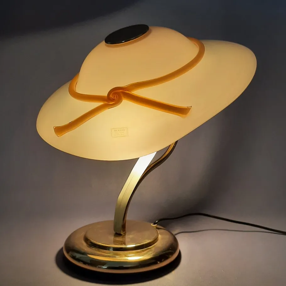 New Pamono Hat-Shaped Pink Murano Glass and Metal Table Lamp, 1970s