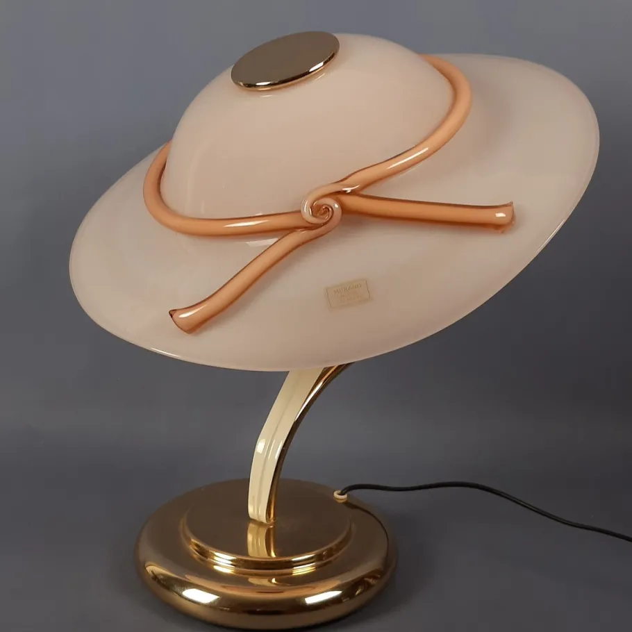 New Pamono Hat-Shaped Pink Murano Glass and Metal Table Lamp, 1970s