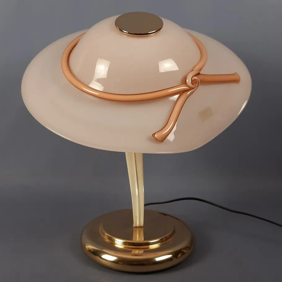 New Pamono Hat-Shaped Pink Murano Glass and Metal Table Lamp, 1970s