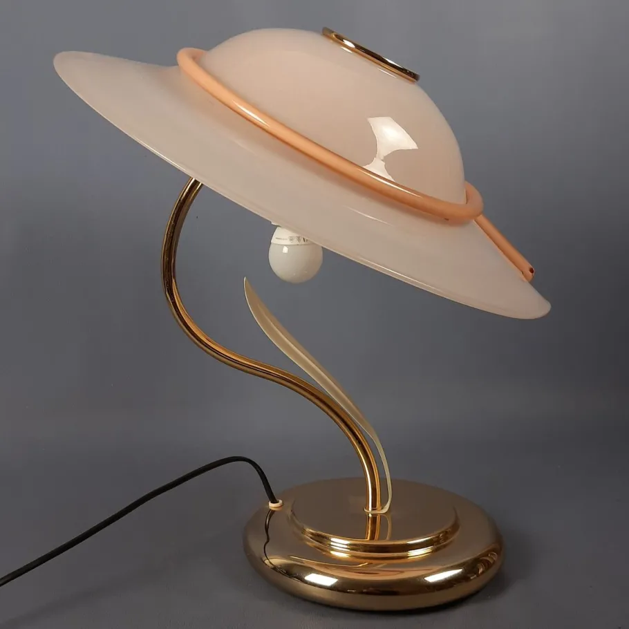 New Pamono Hat-Shaped Pink Murano Glass and Metal Table Lamp, 1970s