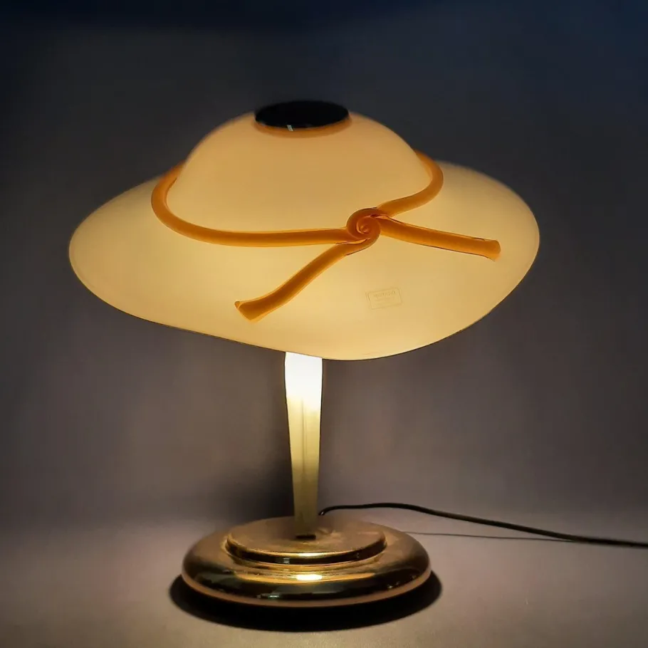 New Pamono Hat-Shaped Pink Murano Glass and Metal Table Lamp, 1970s