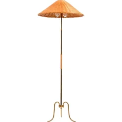 Hot Pamono Height Adjustable Floor Lamp in Brass, Woven Cane and Rattan Shade, 1940s
