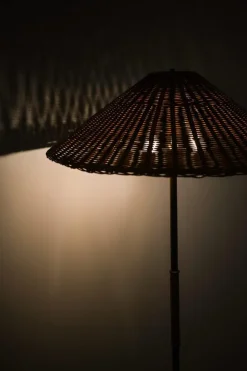 Hot Pamono Height Adjustable Floor Lamp in Brass, Woven Cane and Rattan Shade, 1940s
