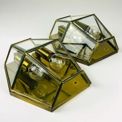 Hot Pamono Hexagonal Gold Brass and Crystal Sconces, 1970s, Set of 2