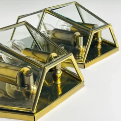 Hot Pamono Hexagonal Gold Brass and Crystal Sconces, 1970s, Set of 2