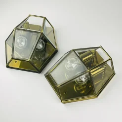 Hot Pamono Hexagonal Gold Brass and Crystal Sconces, 1970s, Set of 2
