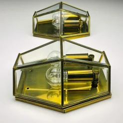 Hot Pamono Hexagonal Gold Brass and Crystal Sconces, 1970s, Set of 2