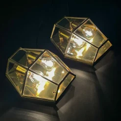 Hot Pamono Hexagonal Gold Brass and Crystal Sconces, 1970s, Set of 2