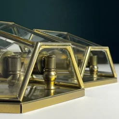 Hot Pamono Hexagonal Gold Brass and Crystal Sconces, 1970s, Set of 2