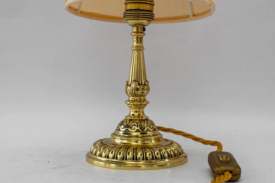 New Pamono Historistic Brass Table Lamp with Fabric Shade, Vienna, 1890s