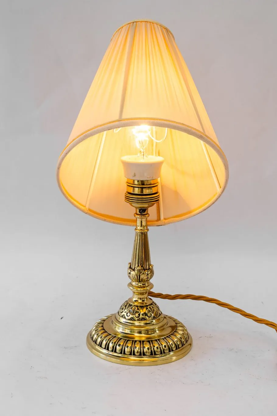 New Pamono Historistic Brass Table Lamp with Fabric Shade, Vienna, 1890s