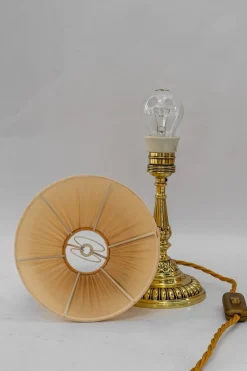 New Pamono Historistic Brass Table Lamp with Fabric Shade, Vienna, 1890s