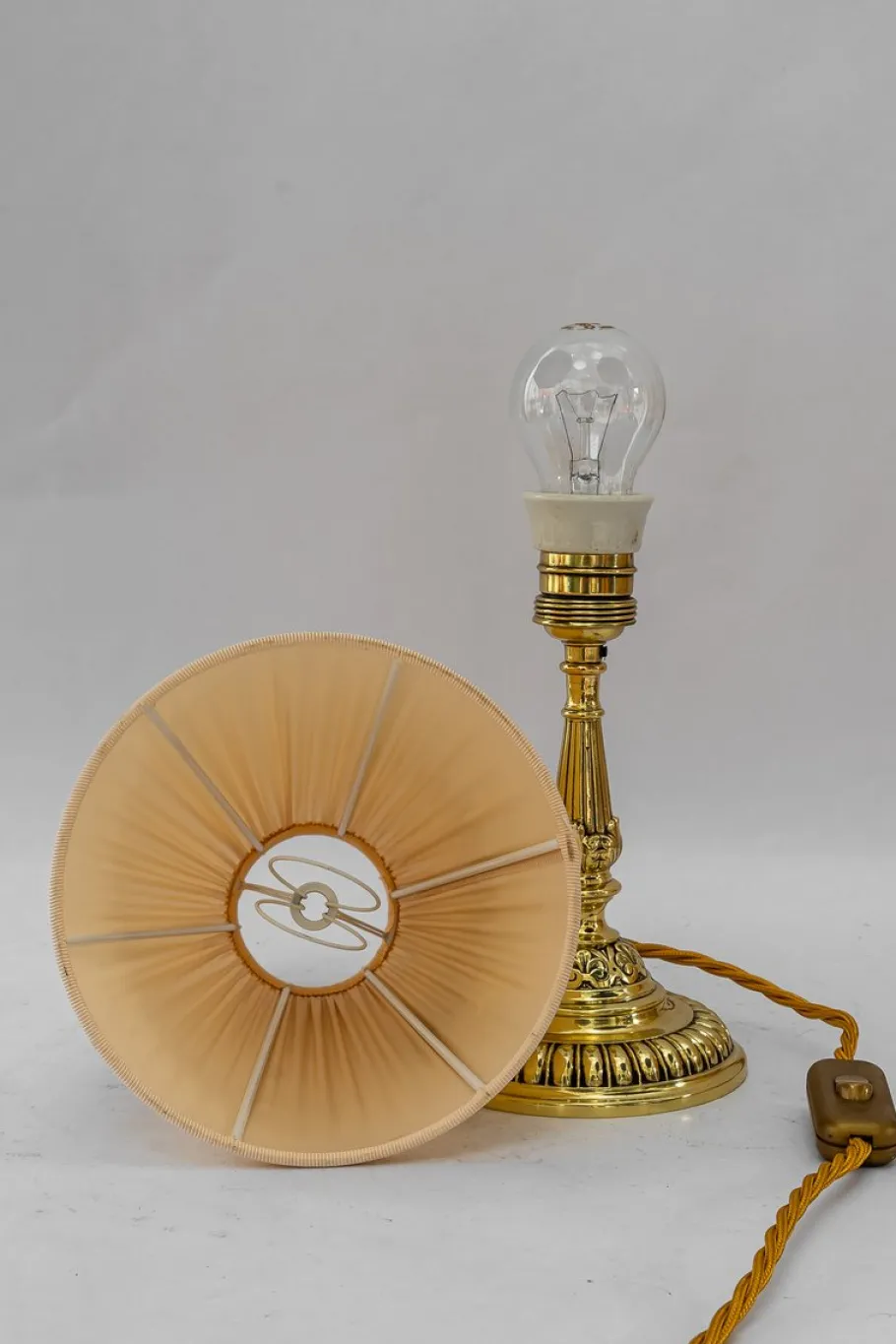 New Pamono Historistic Brass Table Lamp with Fabric Shade, Vienna, 1890s