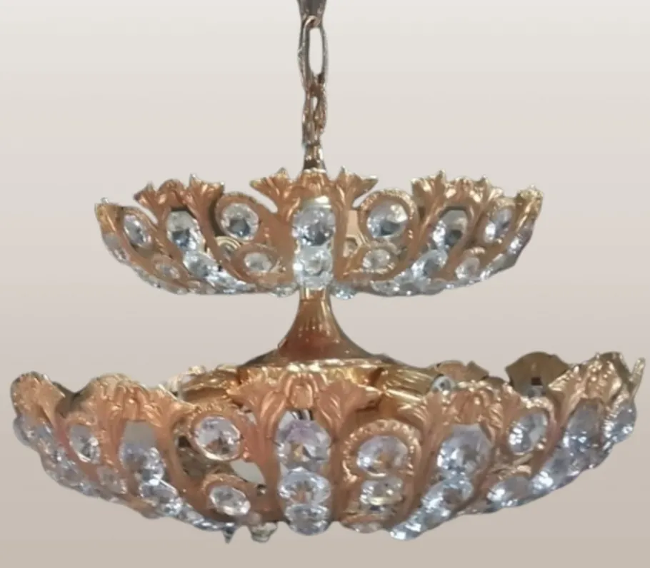 New Pamono Hollywood Regency Brass and Crystal Chandelier by Peris Andreu, 1970s
