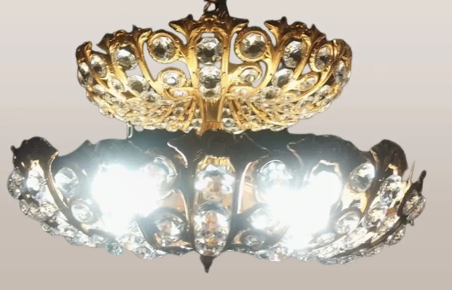 New Pamono Hollywood Regency Brass and Crystal Chandelier by Peris Andreu, 1970s