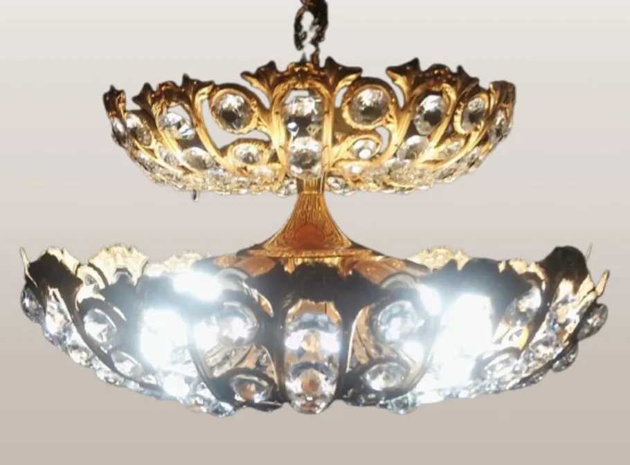 New Pamono Hollywood Regency Brass and Crystal Chandelier by Peris Andreu, 1970s