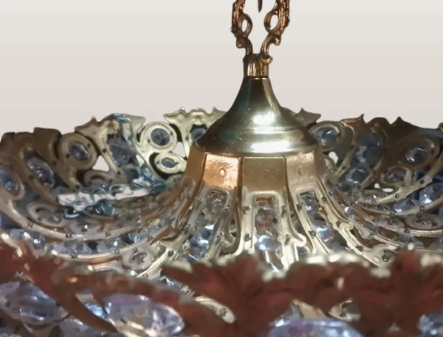 New Pamono Hollywood Regency Brass and Crystal Chandelier by Peris Andreu, 1970s