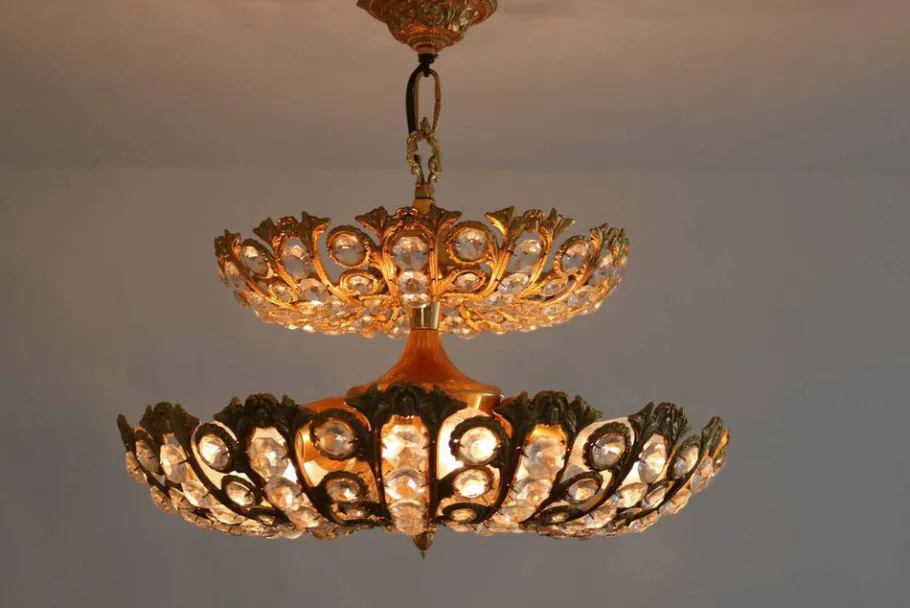 Clearance Pamono Hollywood Regency Chandelier in Brass & Crystal by Peris Andreu, 1970s
